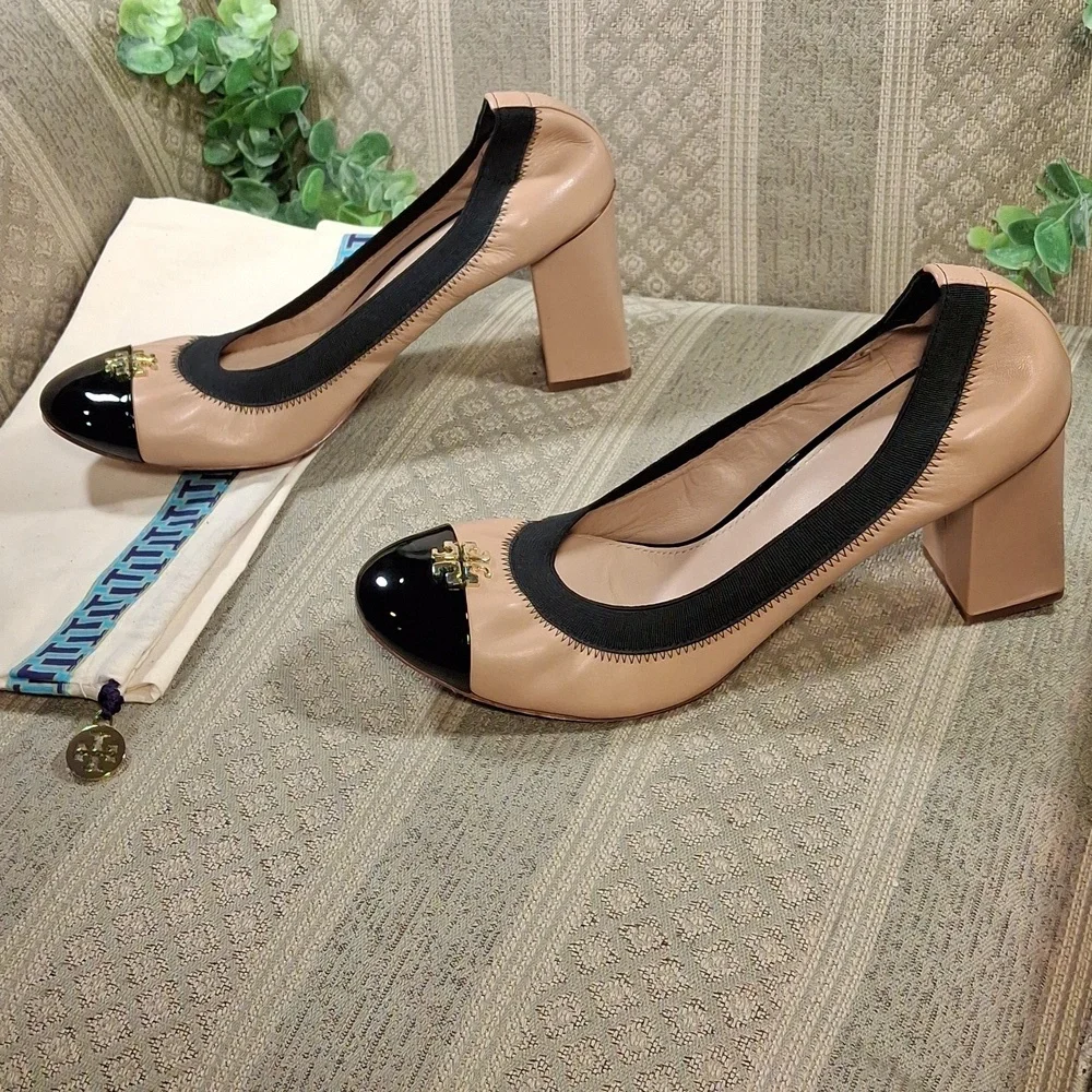 Tory Burch Nude Tan and Black Cap-Toe Leather Pumps